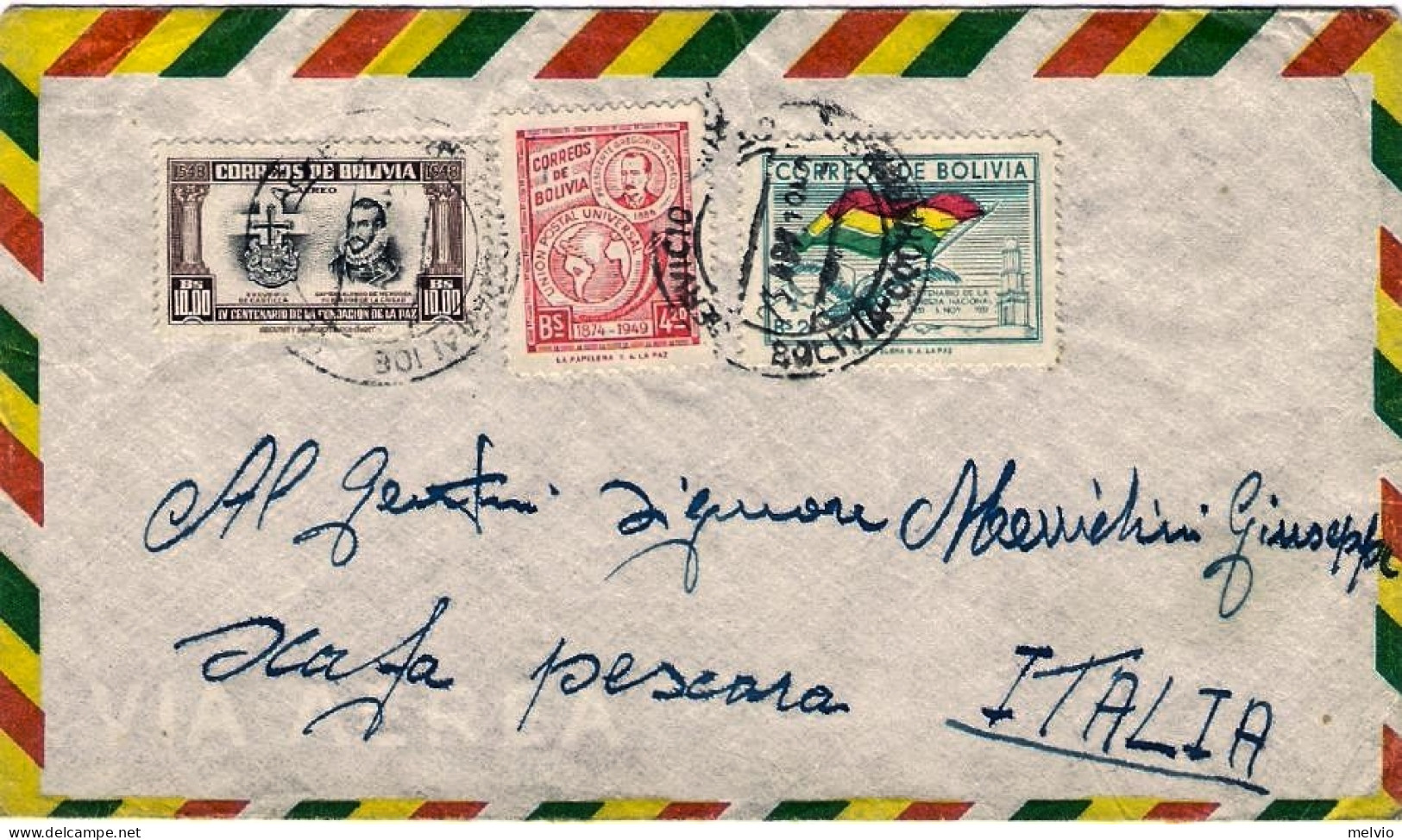 1952-Bolivia Diretta In Italia Affrancata Tre Valori (posta Aerea 10b.anniversar - Bolivia