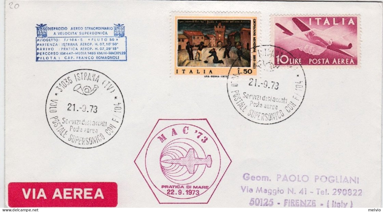 1973-volo Postale Supersonico Con F 104 Istrana Pratica Di Mare Del 21 Settembre - Poste Aérienne