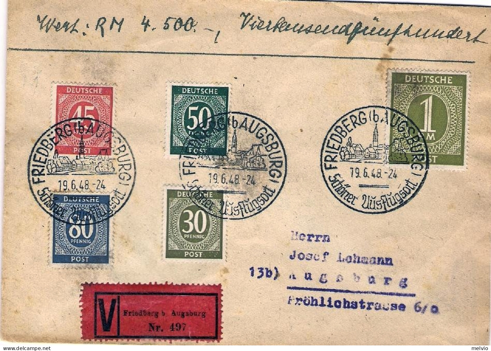 1948-Germania Zona Alleata Assicurata Per 4500M.affrancata 30p.+45p.+50p.+80p.+1 - Andere & Zonder Classificatie