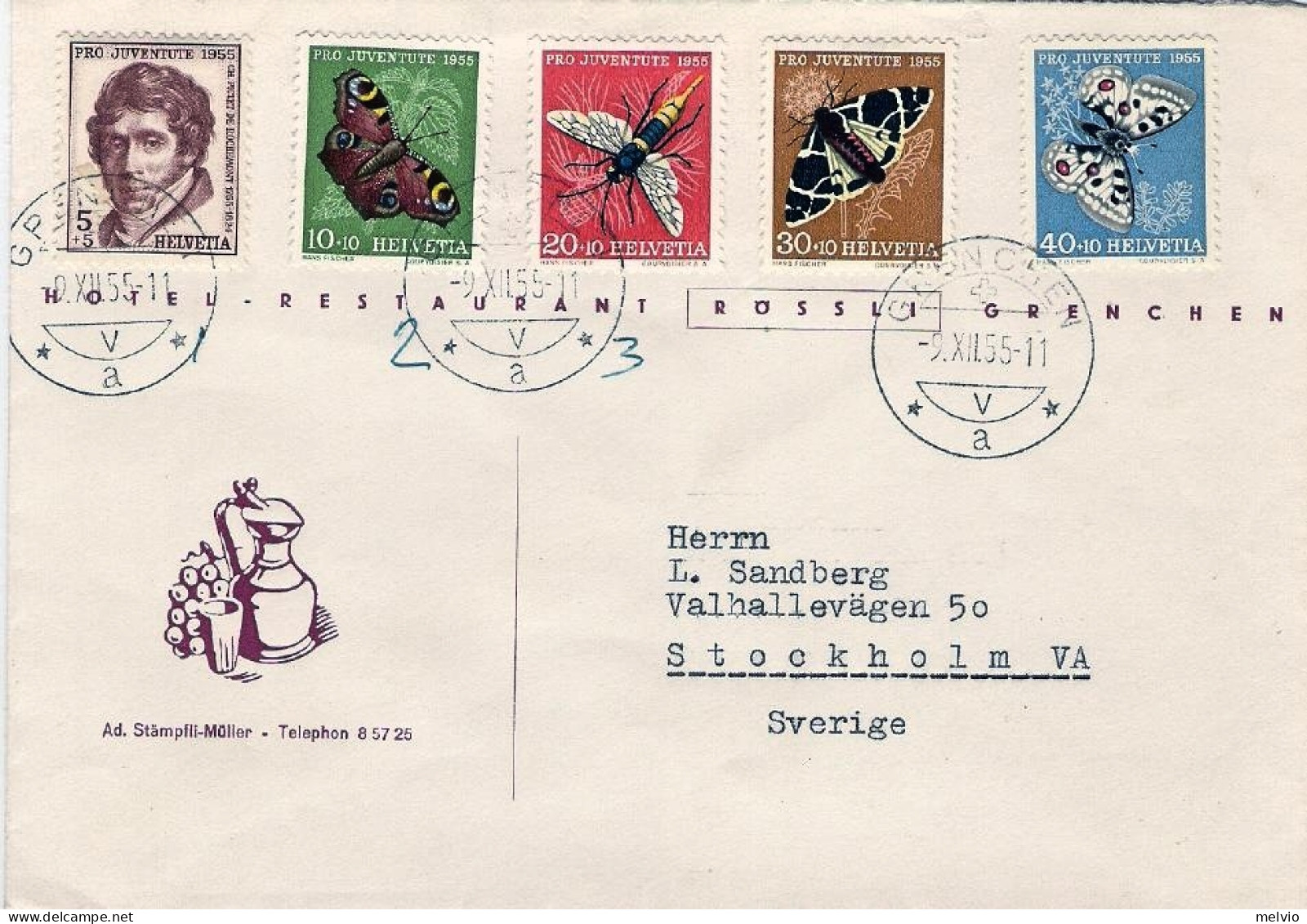 1955-Svizzera S.5v."Rochemont,insetti"su Lettera X Stoccolma - Postmark Collection