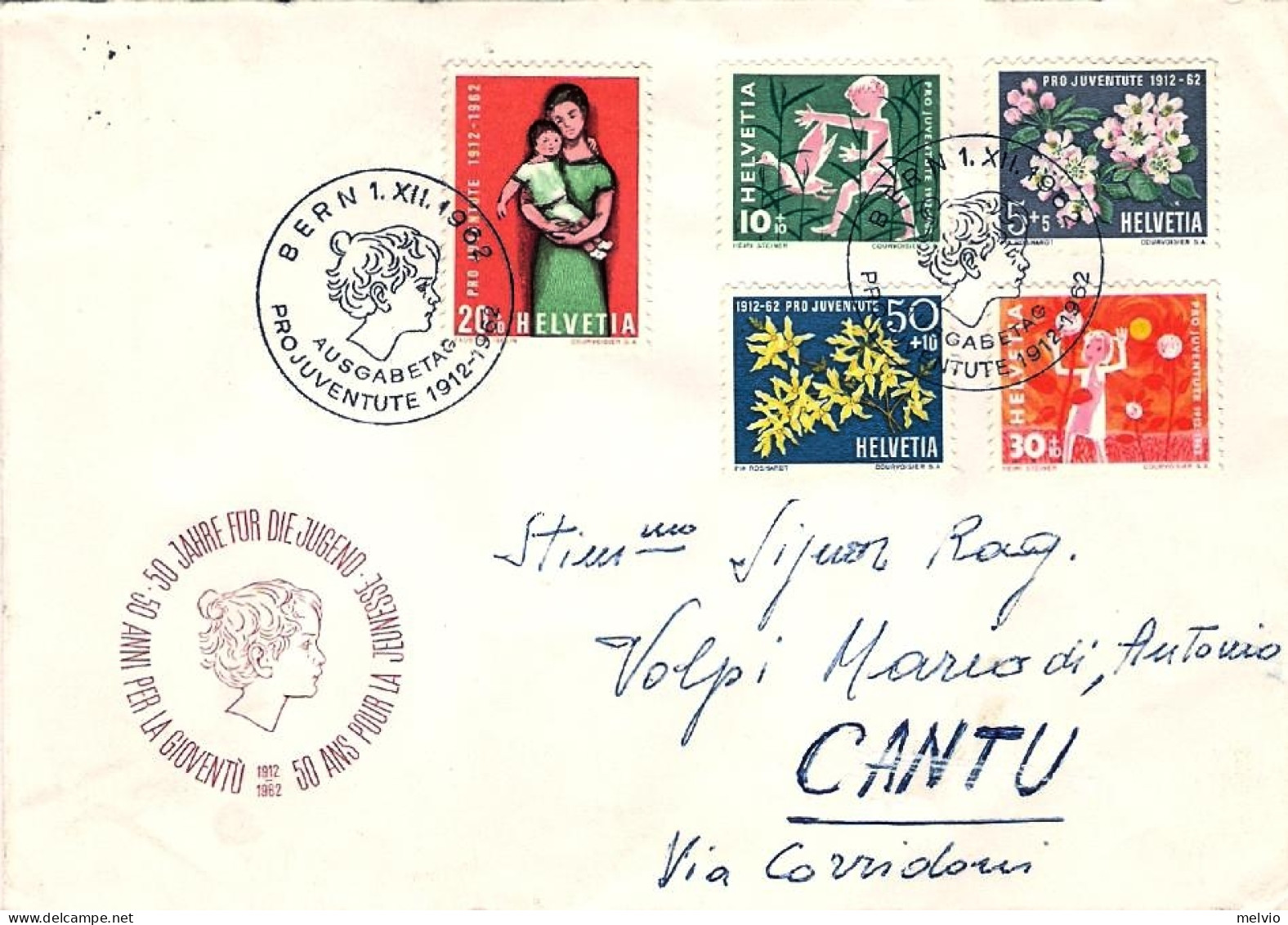 1962-Svizzera S.5v."Pro Juventute,anniversario Istituzione"su Fdc Illustrata Via - FDC