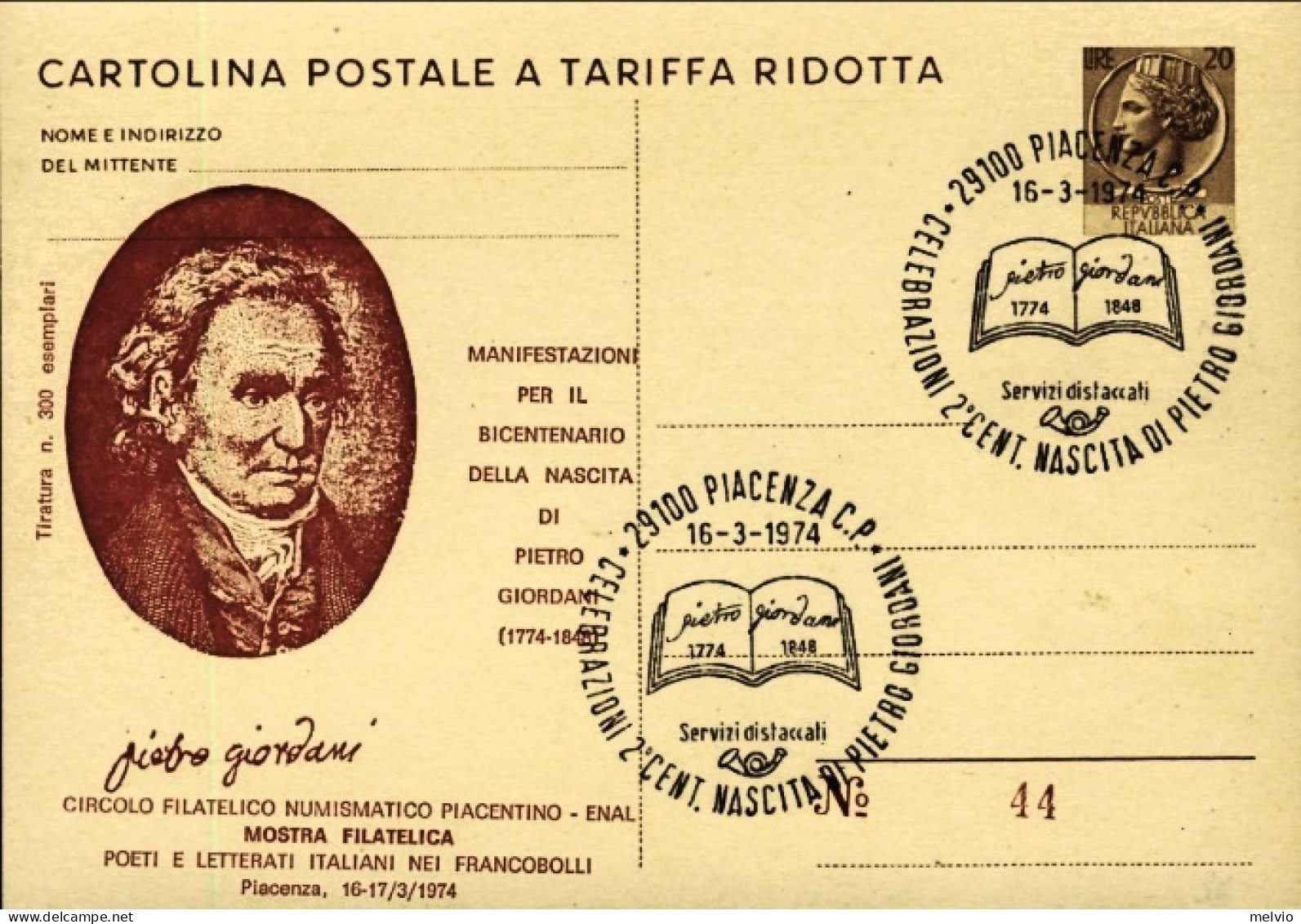 1974-L.20 Cartolina Postale A Tariffa Ridotta Per Bicentenario Nascita Pietro Gi - Interi Postali