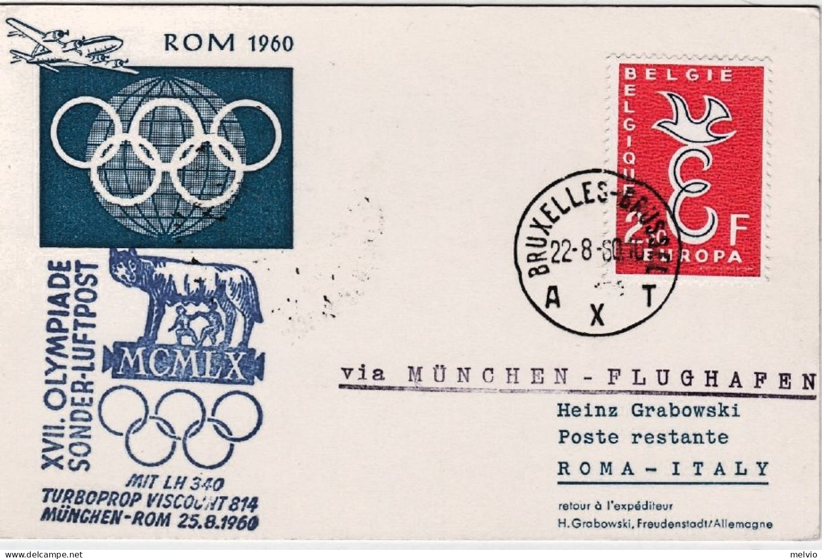 1960-Belgio Bruxelles Cartolina Ill. Volo Speciale Olimpico Monaco Roma Del 25 A - Lettres & Documents