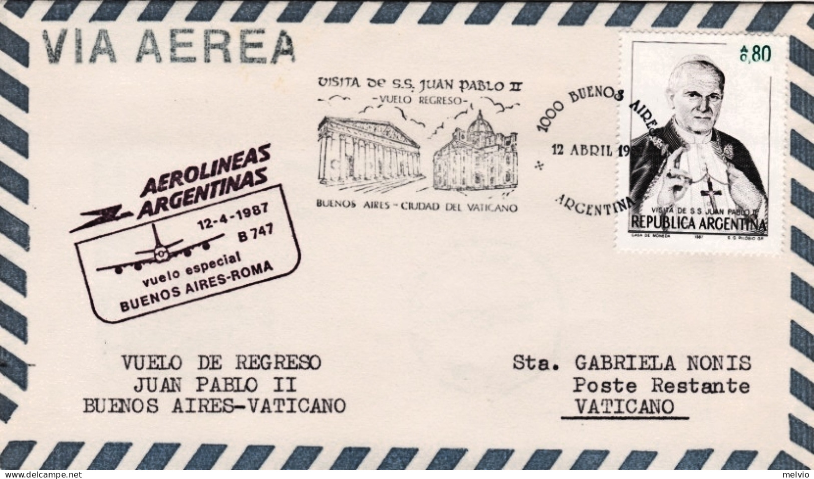 1987-Argentina Volo Papale Di Rientro Buenos Aires Citta' Del Vaticano Di S.S.Gi - Airmail