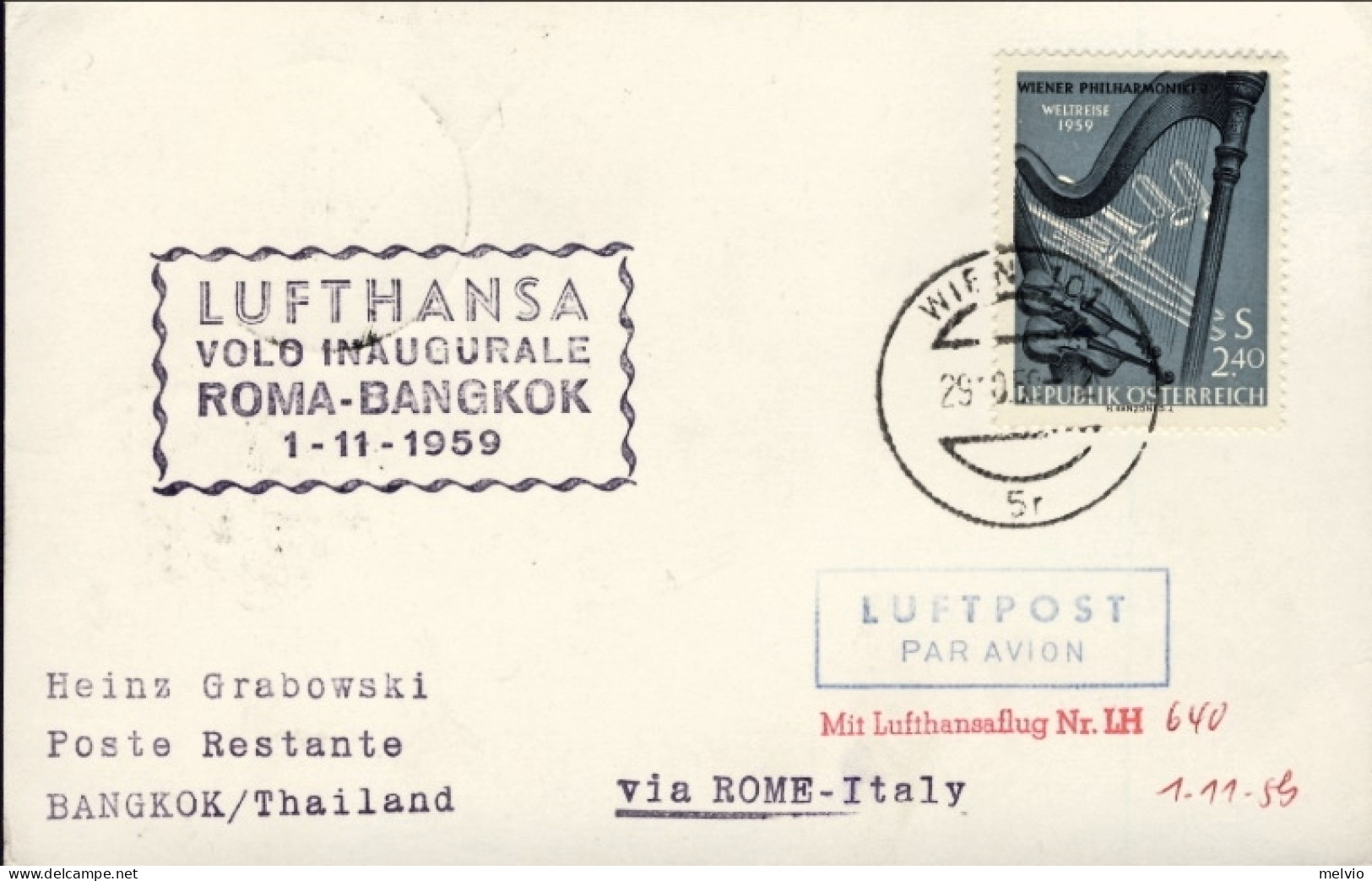 1959-Autriche Osterreich Austria Cat.Pellegrini N.1063 Euro 60, Roma-Bangkok I^v - Autres & Non Classés