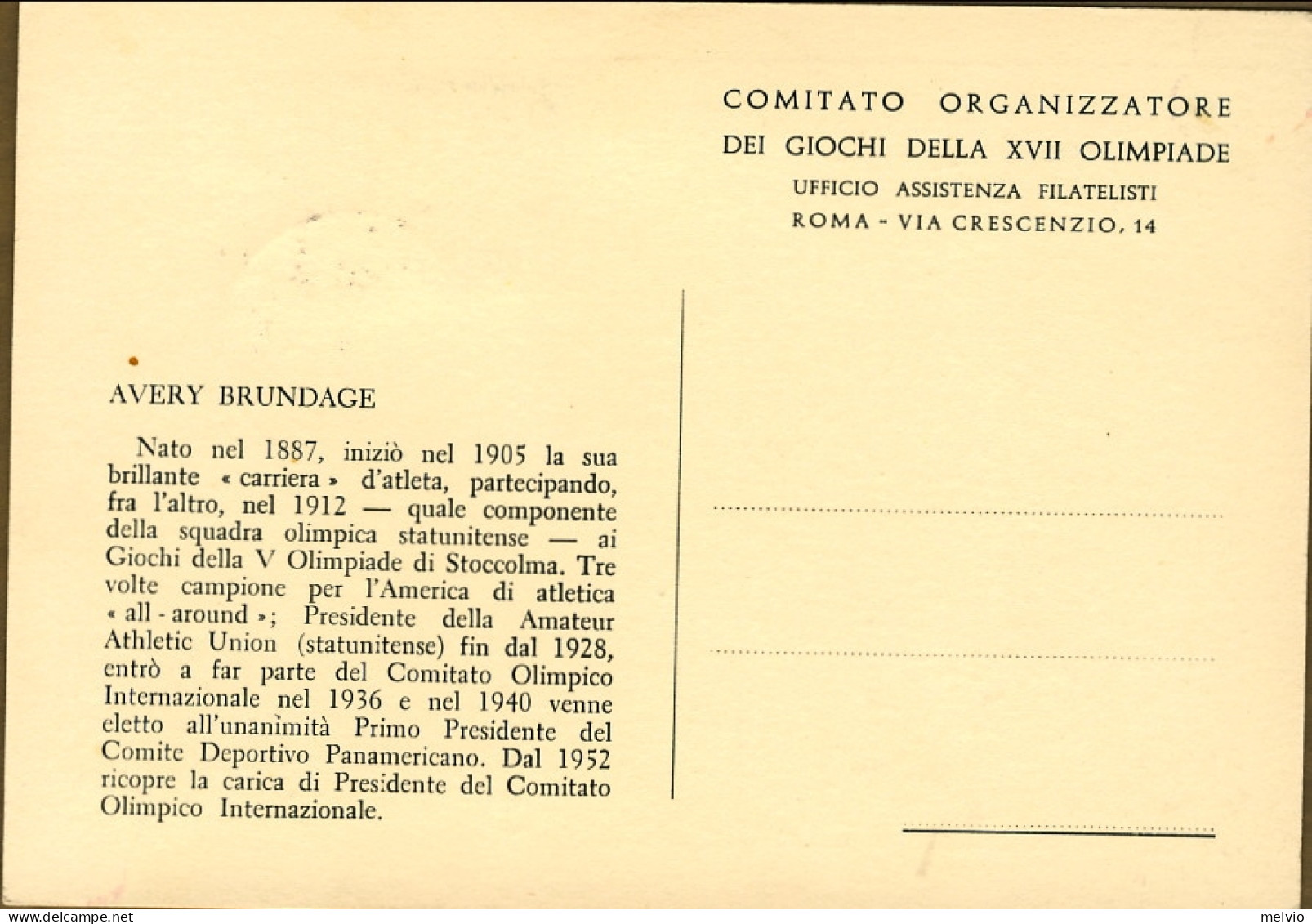 1959-San Marino Cartolina Maximum Avery Brundage A Cura Del Comitato Organizzato - Storia Postale