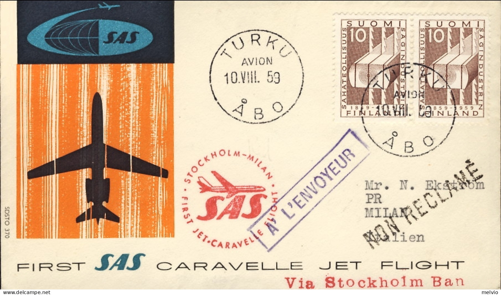 1959-Finlandia I^volo SAS Stoccolma Milano Posta Da TURKU Finlandia (50 Pezzi Tr - Cartas & Documentos