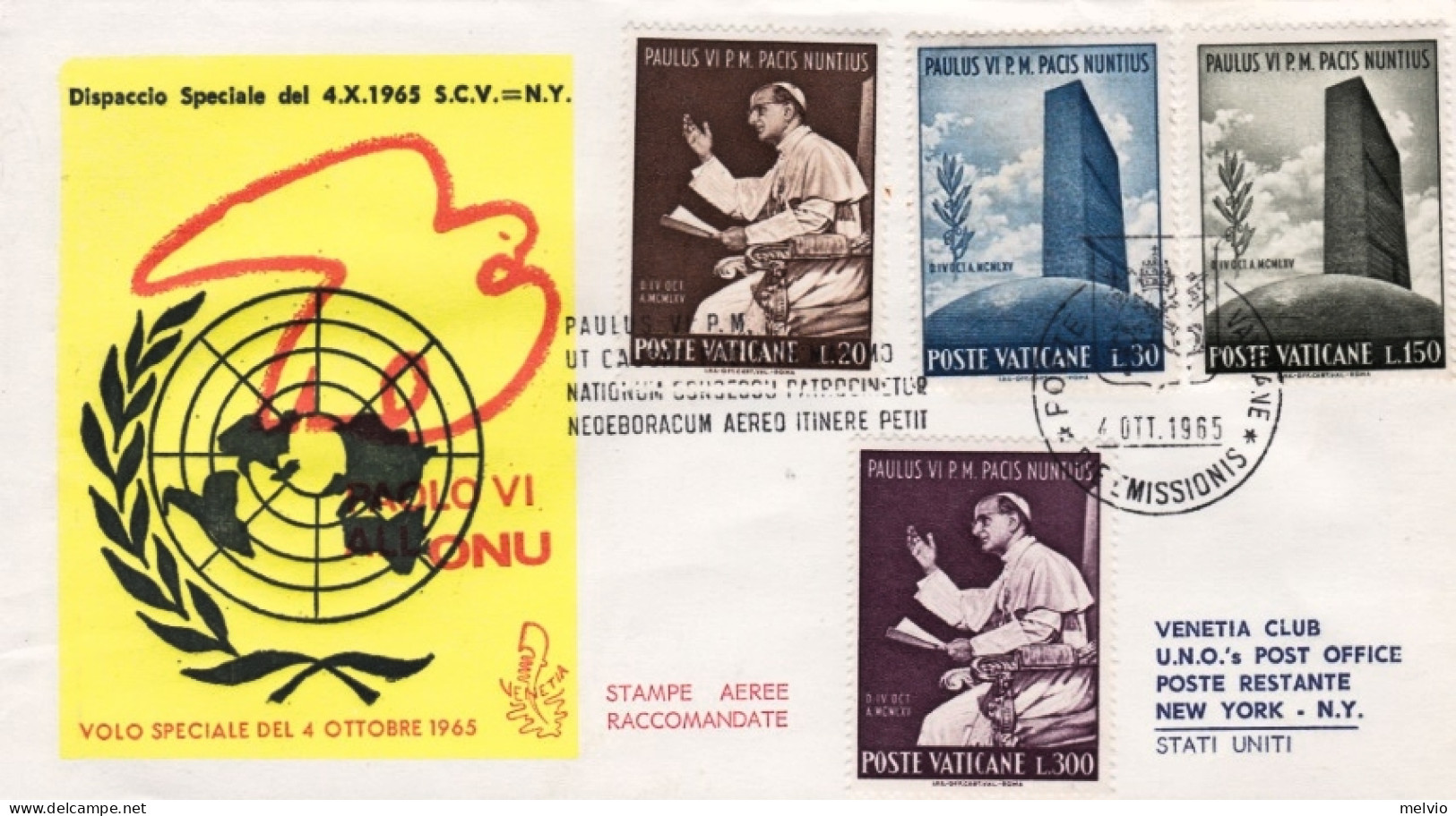 Vaticano-1965  Dispaccio Volo Speciale Per ONU New York Di S.S.Paolo VI - Aéreo