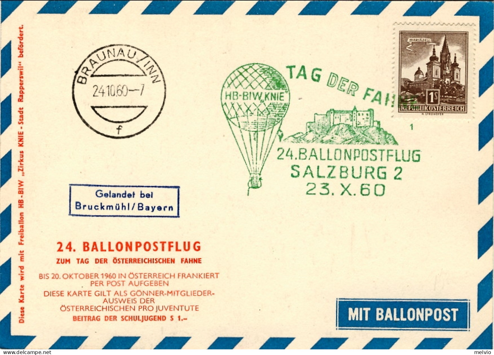 1960-Austria Cartolina Illustrata Tag Osterreichischen Fahne Con Cachet 24 Ballo - Autres & Non Classés