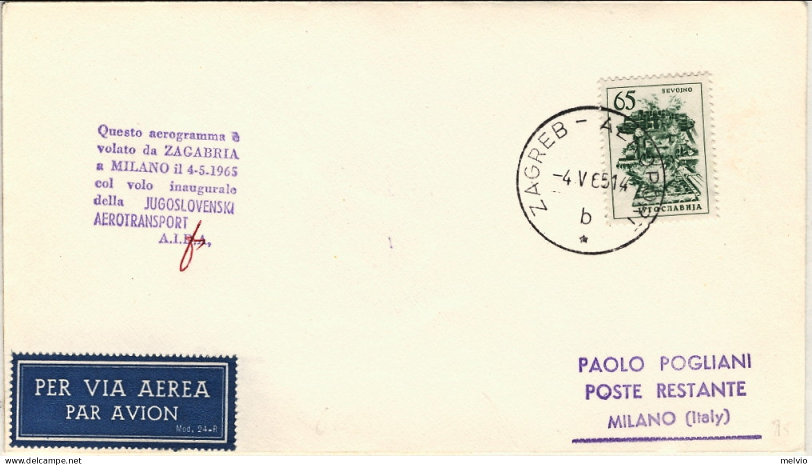 1965-Jugoslavia J.A.T. I^volo Zagabria Milano Del 4 Maggio - Aéreo