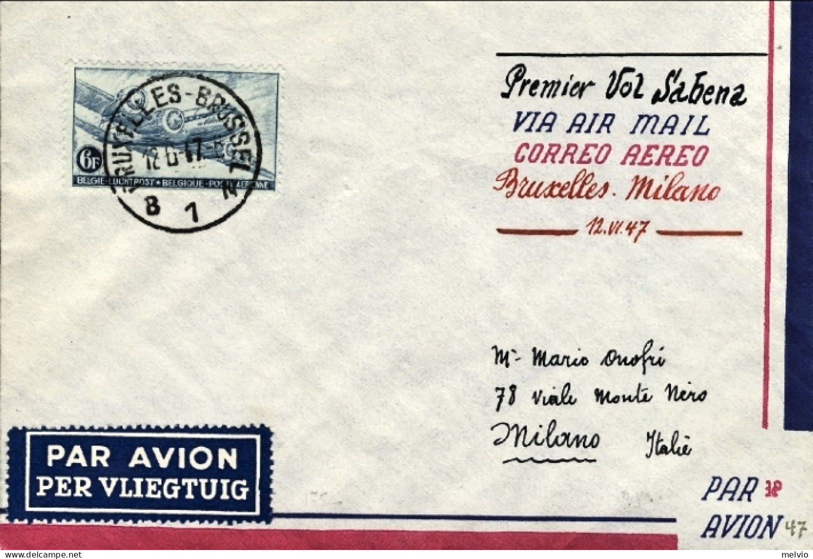 1947-Belgique Belgium Belgio I^volo Sabena Bruxelles-Milano Del 12 Giugno Su Bus - Covers & Documents