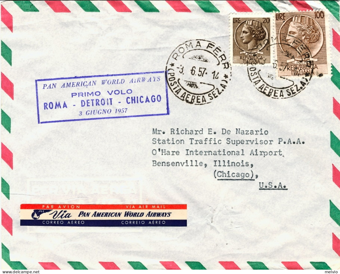 1957-della P.A.W.A. Diretto In U.S.A. Affr. L.20+L.100 Turrita Bollo I^volo Roma - Poste Aérienne