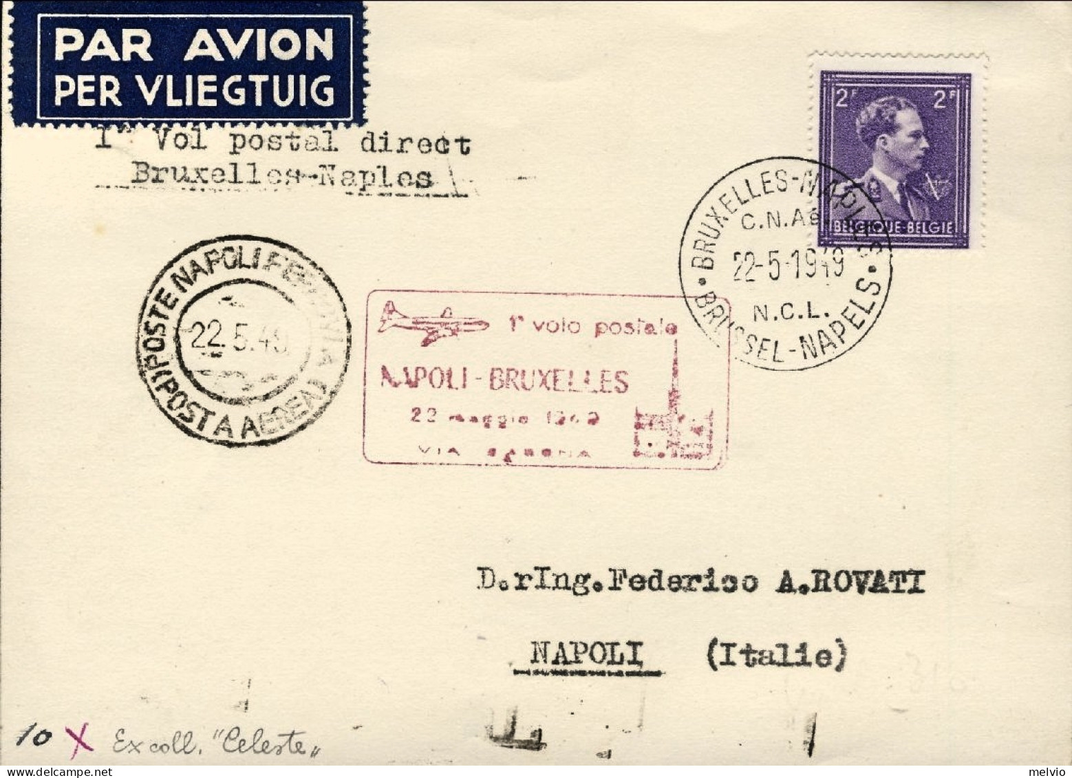 1949-Belgique Belgium Belgio Cat.Pellegrini N.307 Euro 120, Bruxelles NapolI^vol - Lettres & Documents