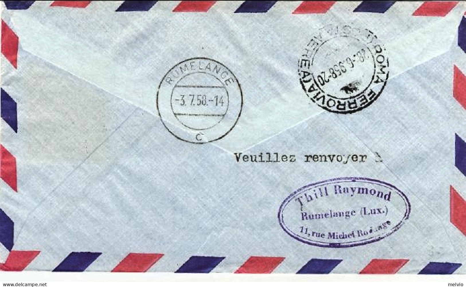 1958-Luxembourg Lussemburgo Cat.Pellegrini N.858 Euro 85,I^volo AUA Vienna Roma  - Covers & Documents
