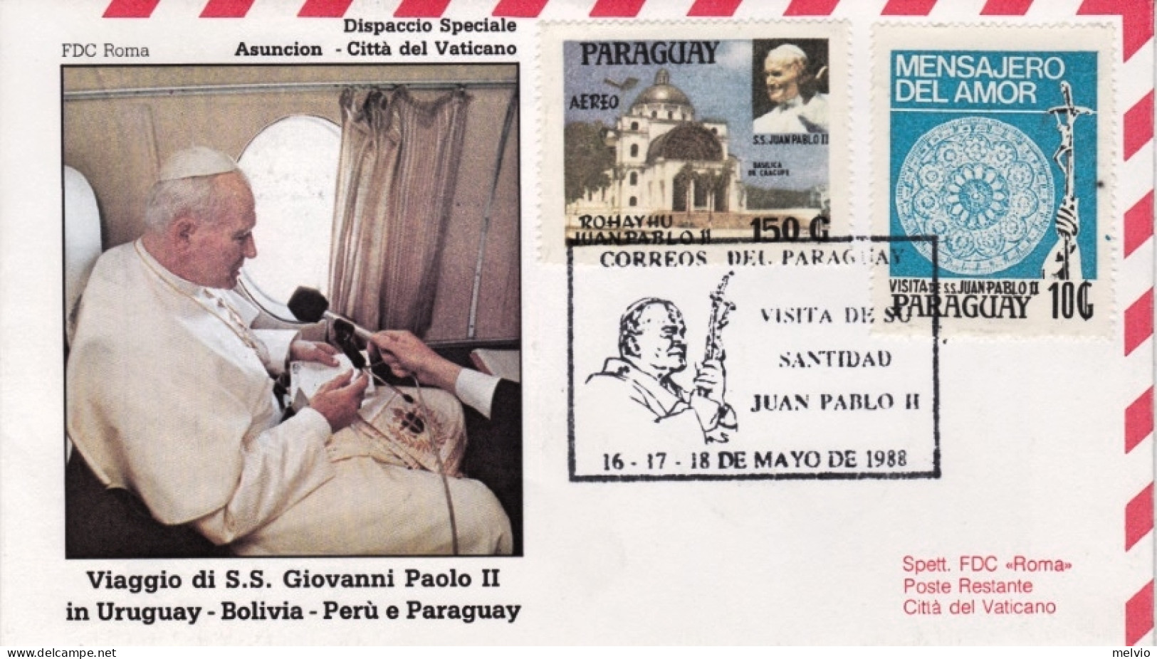 1988-Paraguay Volo Di Rientro Visita Di S.S.Giovanni Paolo II^ In Uruguay-Bolivi - Uruguay