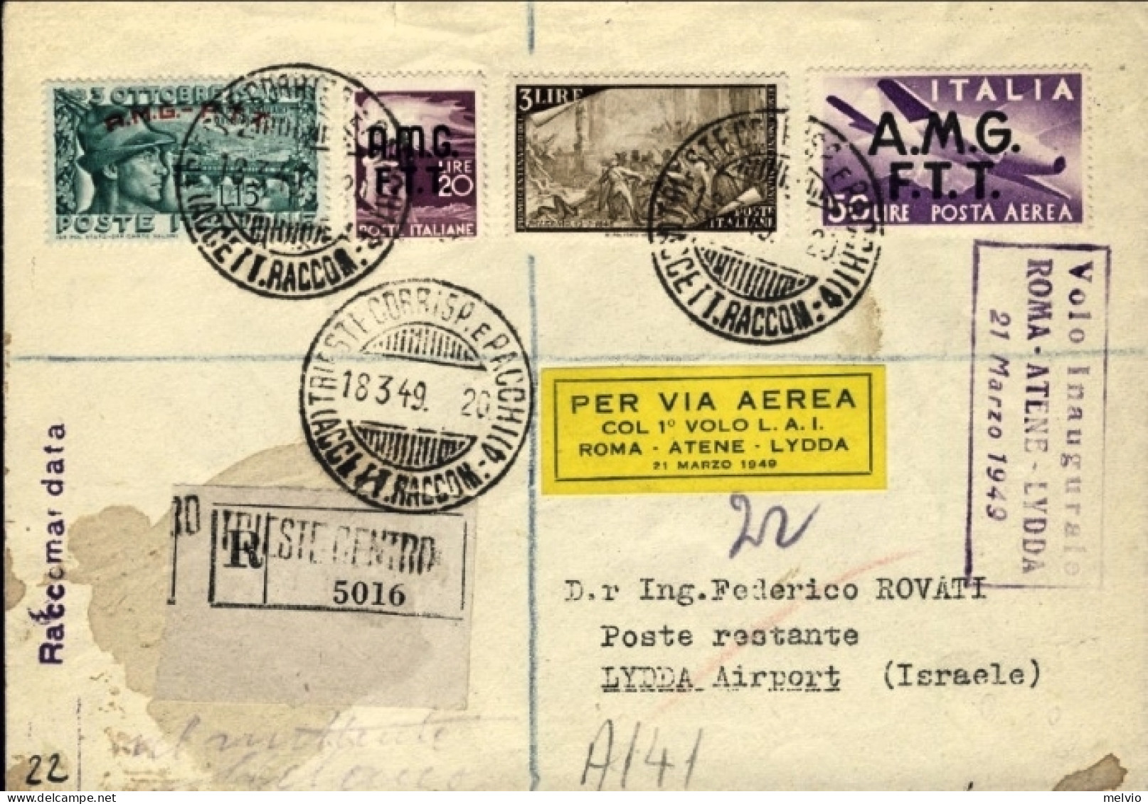 1949-Trieste A, I^ Volo LAI Roma Atene Lydda Del 18 Marzo (5 Pezzi Trasportati)  - Poststempel