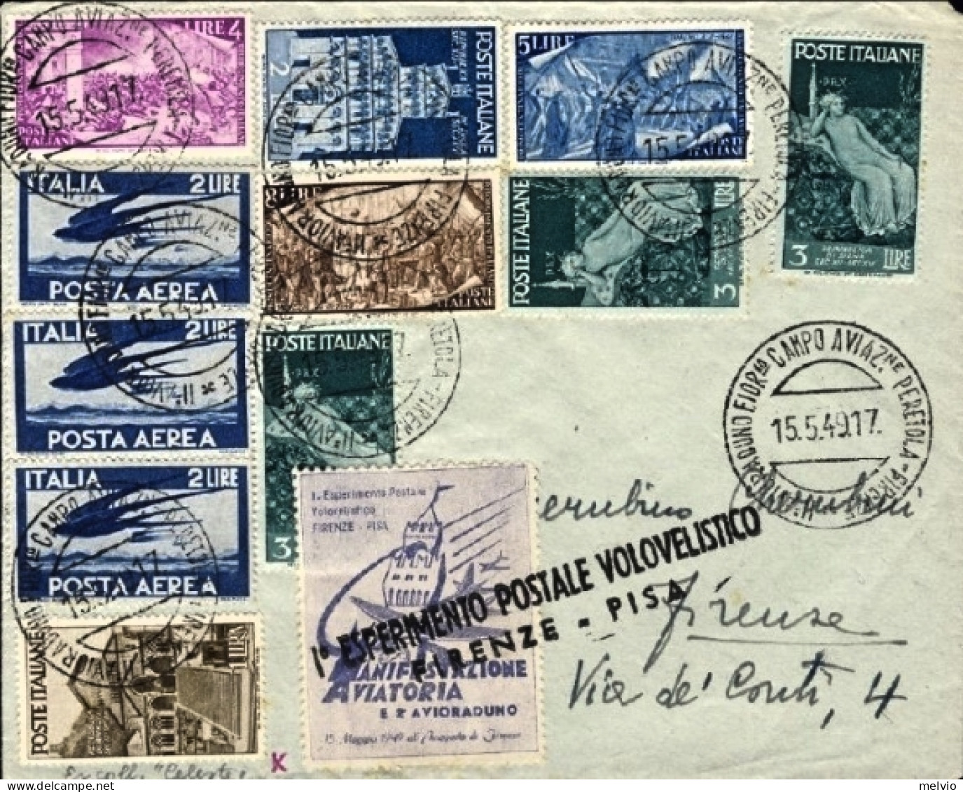 1949-bollo Lineare Primo Esperimento Postale Volovelistico Firenze-Pisa Su Con A - Erinofilia