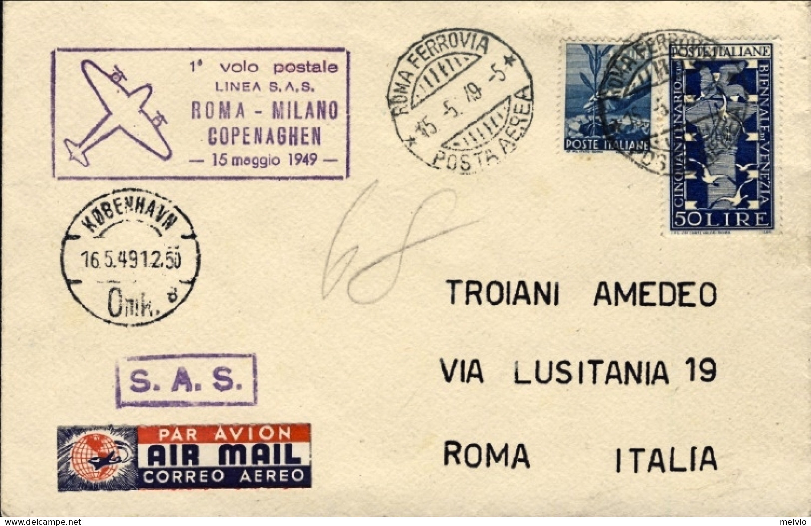 1949-cat.Pellegrini N.302 Euro 200, Bollo Viola I^volo Postale SAS Roma-Copenhag - Airmail