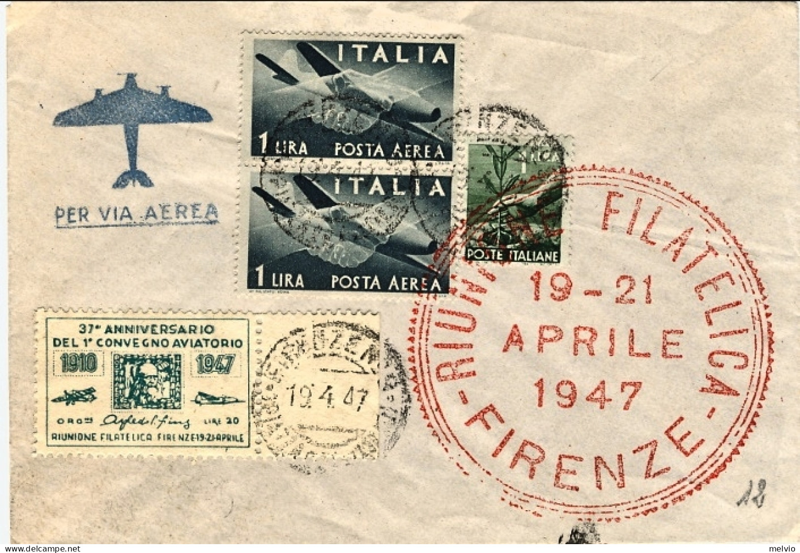 1947-busta Con Annullo Di Firenze Del19-21 Aprile Affr. L.1 Democratica+coppia P - Erinofilia