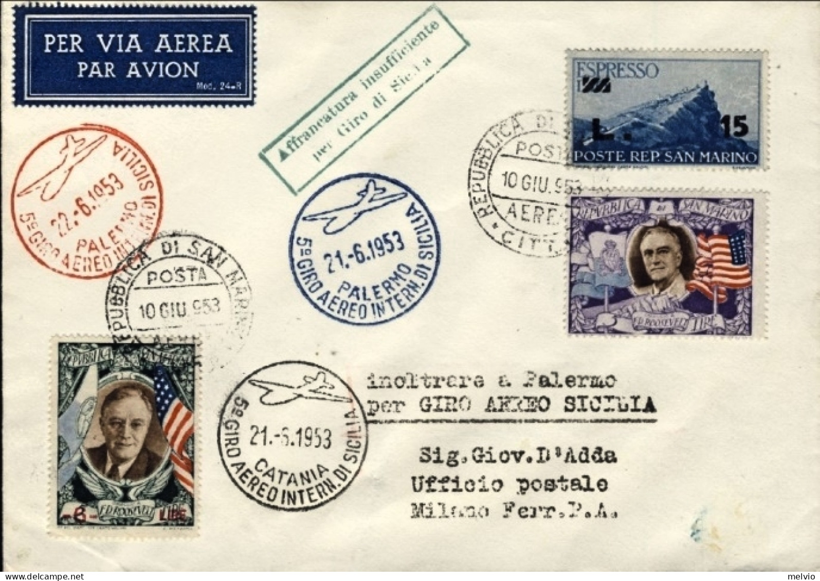 San Marino-1953 Cat.Pellegrini N.558 Euro 90, Aerogr.espresso 5^ Giro Aereo Inte - Airmail