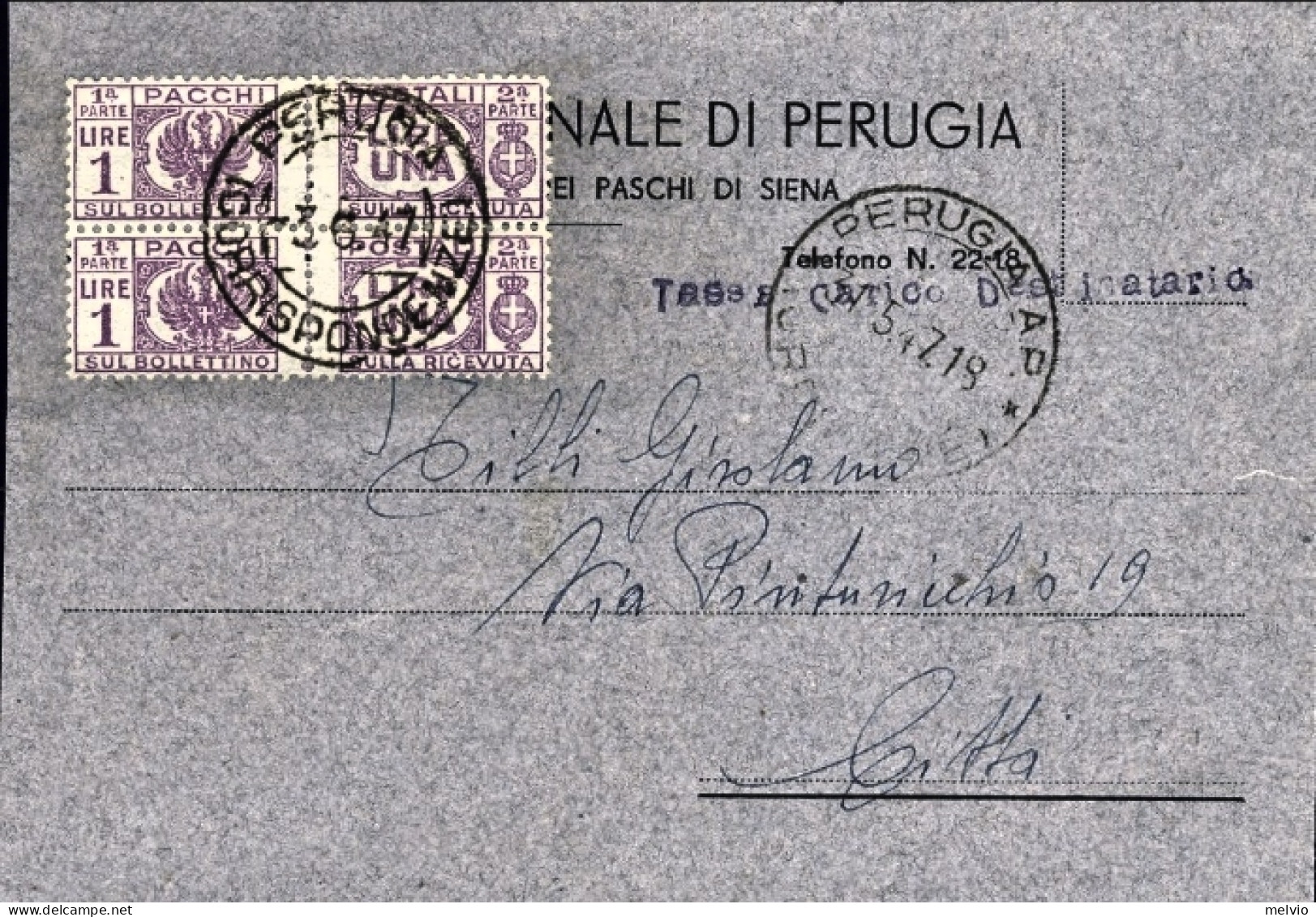 1947-coppia Pacchi Postali L.1 (raro Uso Come Segnatasse) Su Cartolina Bancaria  - 1946-60: Marcophilia