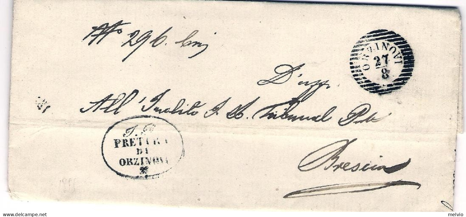 1855-piego Con Testo, Bollo A Linee Orizzontali Orzinovi (Brescia) +timbro Pretu - Non Classificati