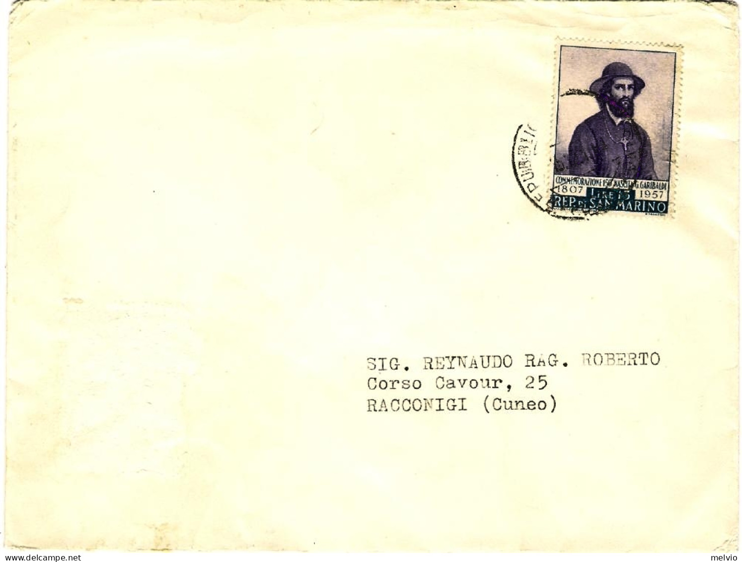 1957-San Marino Busta Affrancata L.15 Garibaldi - Storia Postale