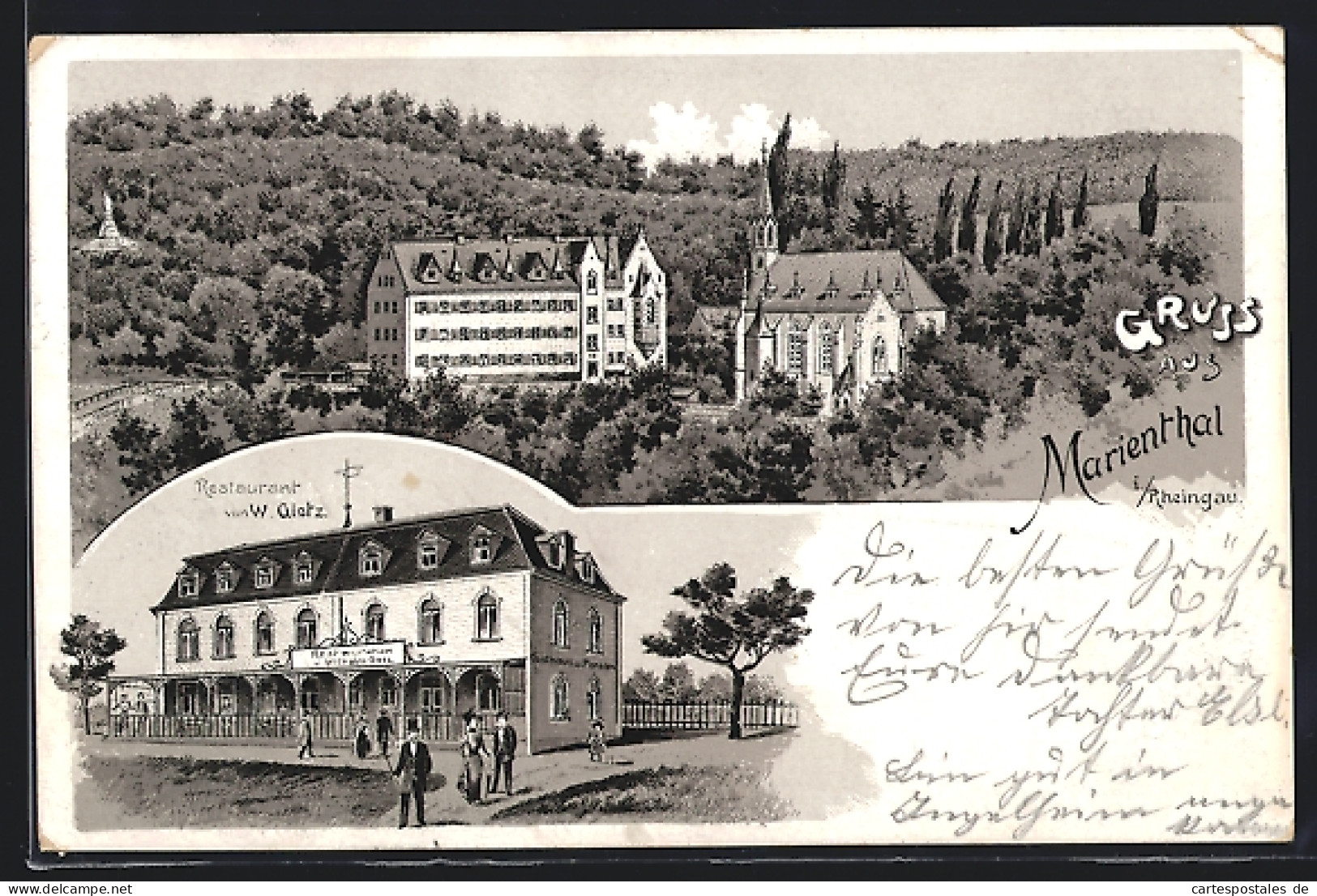 Lithographie Marienthal Im Rheingau, Restaurant Gietz Und Die Kirche  - Rheingau