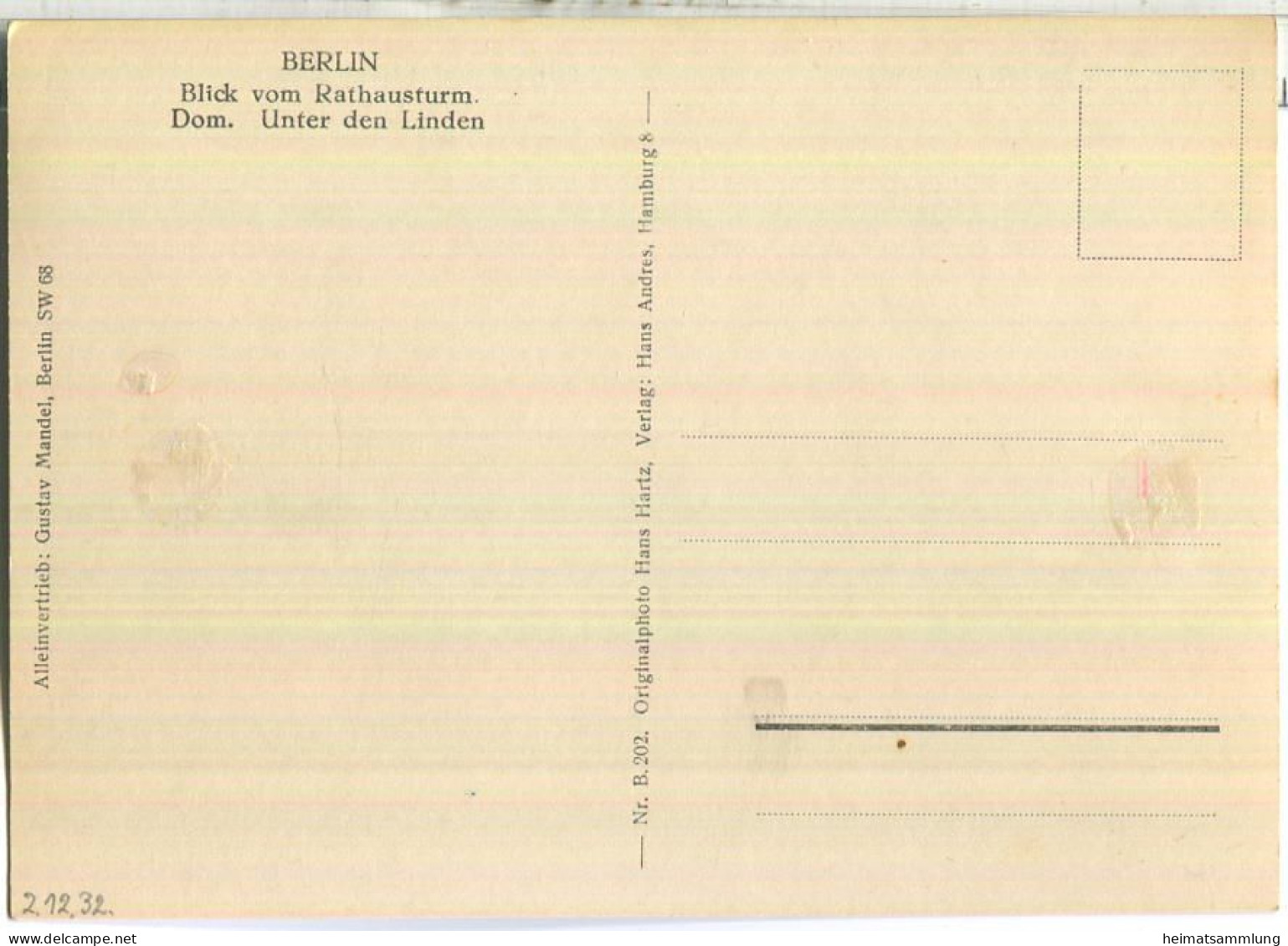 Berlin - Unter Den Linden - Blick Vom Rathausturm - Foto-Ansichtskarte - Verlag Hans Andres Hamburg - Mitte