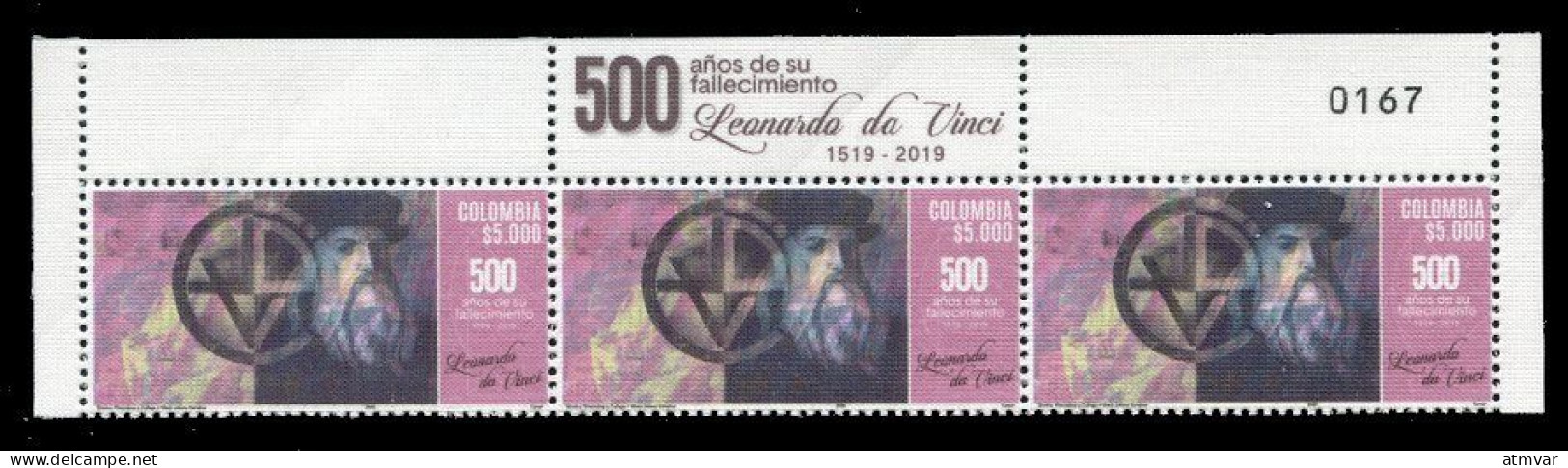 COLOMBIA (2019) 500 Años Fallecimiento Leonardo Da Vinci - Mint Strip, Bande Neuve, Tira Nueva - 3 Stamps - Colombia