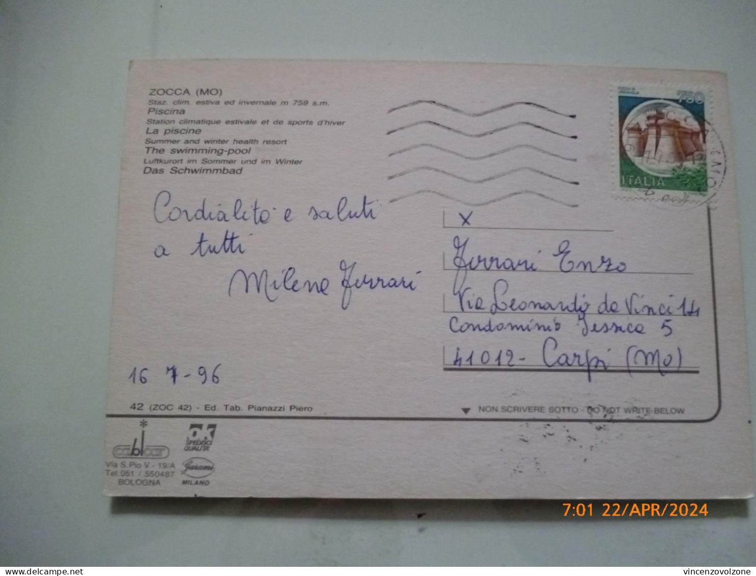 Cartolina Viaggiata "ZOCCA Piscina" 1996 - Modena