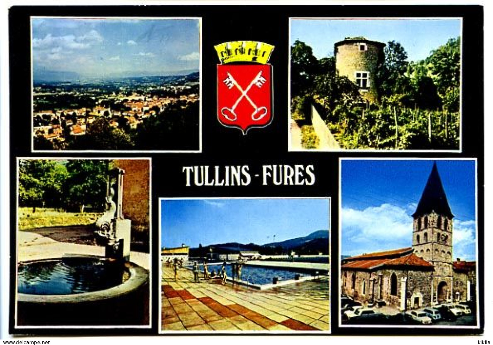 CPSM 10.5 X 15 Isère    TULLINS-FURES   - Vue Générale De Tullins -Le Donjon Du Château Féodal -La Fontaine Du Paradis* - Tullins