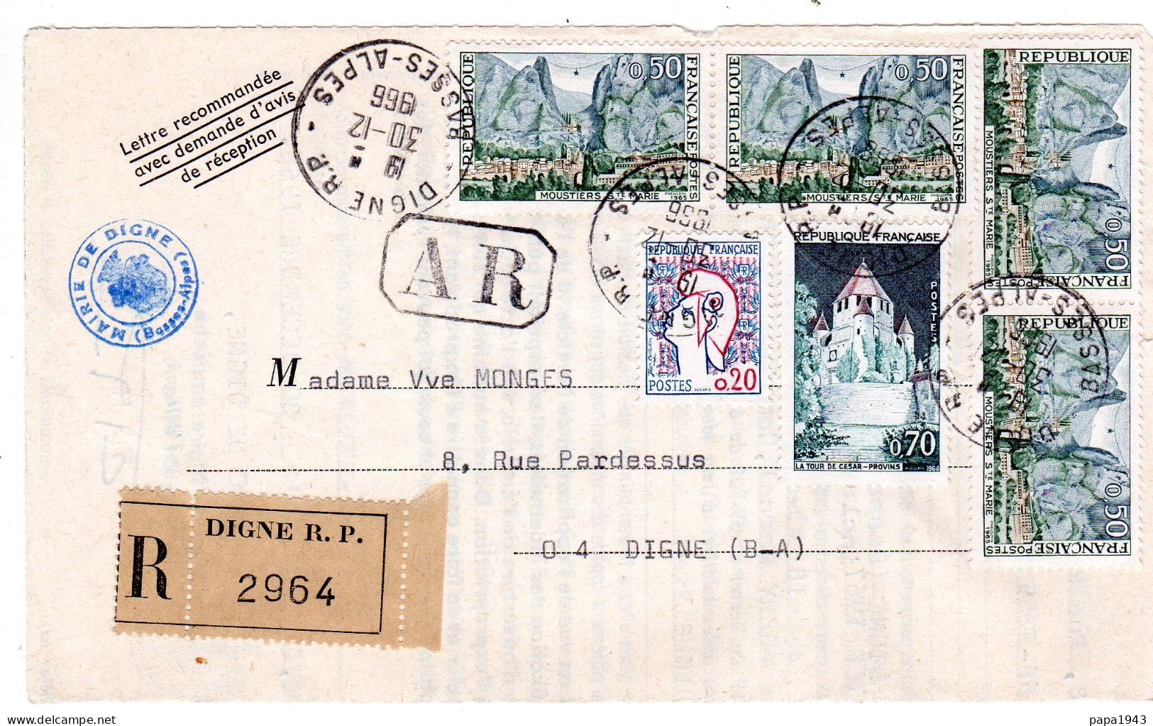 1966  Recommandé Avec AR  De DIGNE Timbres 4 X Moustiers Ste Marie 0,50c + La Tour De Cesar 0,70c + 0,20 - Briefe U. Dokumente