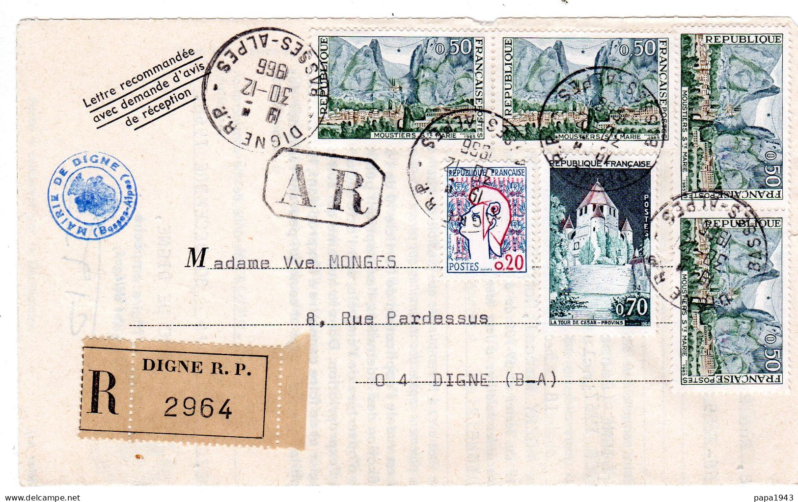 1966  Recommandé Avec AR  De DIGNE Timbres 4 X Moustiers Ste Marie 0,50c + La Tour De Cesar 0,70c + 0,20 - Covers & Documents