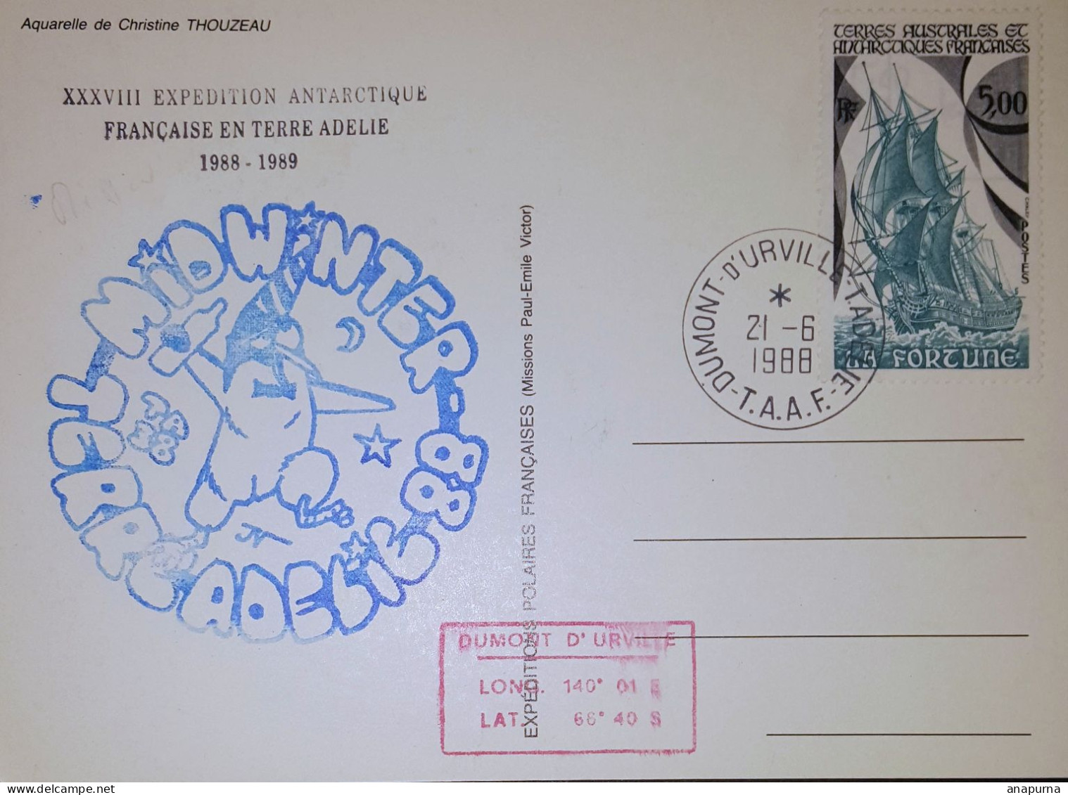 Carte Terre Adélie, Midwinter, EPF Missions PEV, Dumont D'Urville 21/6/88, - Briefe U. Dokumente