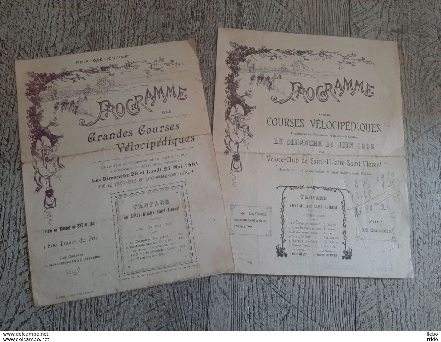 2 Programmes Courses Vélocipédiques 1901 1903 Vélo Club Saint Hilaire Saint Florent Vélodrome Saumur Pigeon Voyageur - Programs