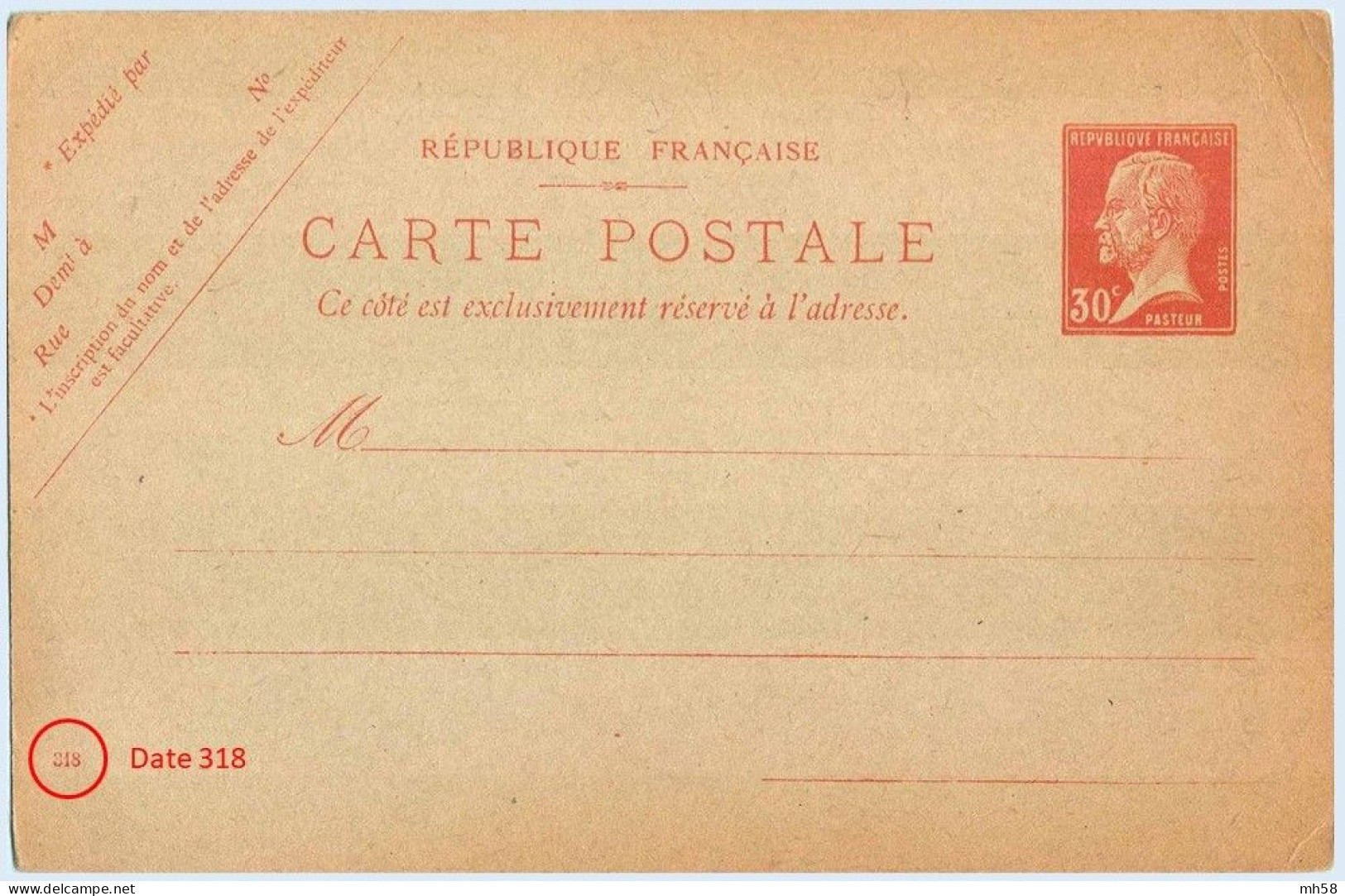 Entier FRANCE - Carte Date 318 Neuf - 30c Pasteur Rouge - Cartes Postales Types Et TSC (avant 1995)