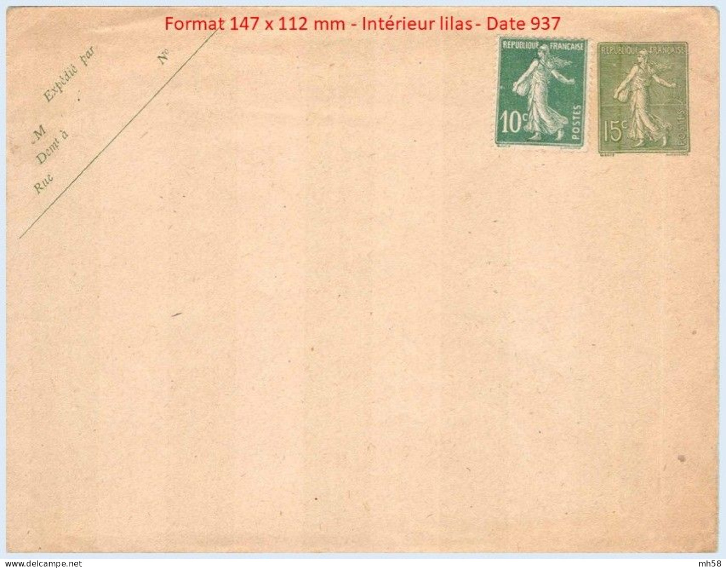 Entier FRANCE - Enveloppe Date 937 Intérieur Lilas Neuf ** - 15c Semeuse Lignée Vert - Standard Covers & Stamped On Demand (before 1995)