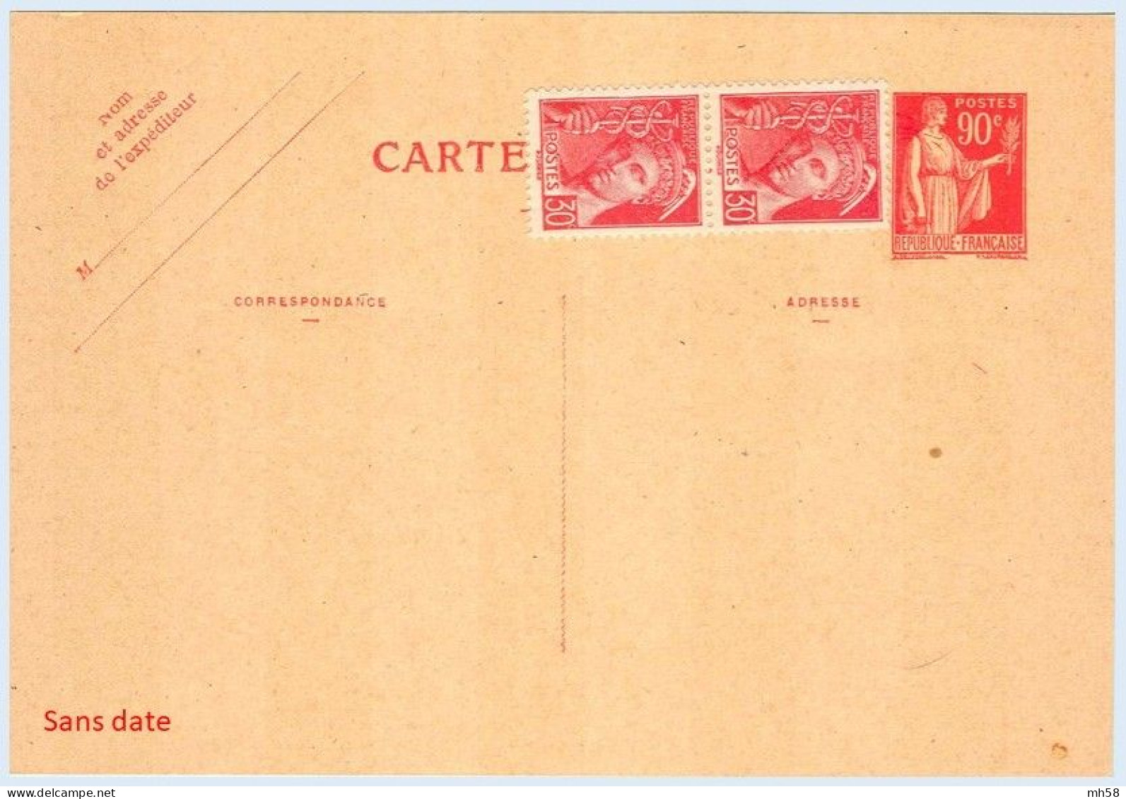 Entier FRANCE - Carte Sans Date Neuf - 90c Paix Rouge - Postales Tipos Y (antes De 1995)