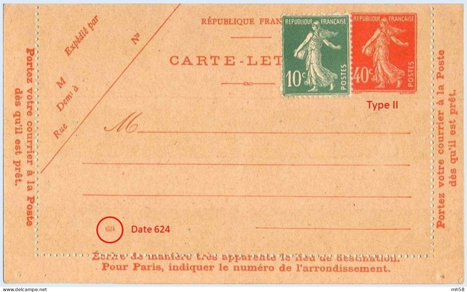 Entier FRANCE - Carte-lettre Date 624 Neuf ** - 40c Semeuse Vermillon - Letter Cards