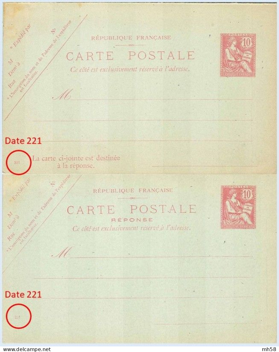 Entier FRANCE - Carte Réponse Payée Date 221 Neuf - 10c Mouchon Retouché Rose - Standard- Und TSC-AK (vor 1995)