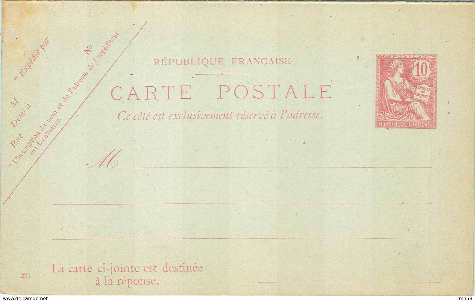 Entier FRANCE - Carte Réponse Payée Date 221 Neuf - 10c Mouchon Retouché Rose - Postales Tipos Y (antes De 1995)
