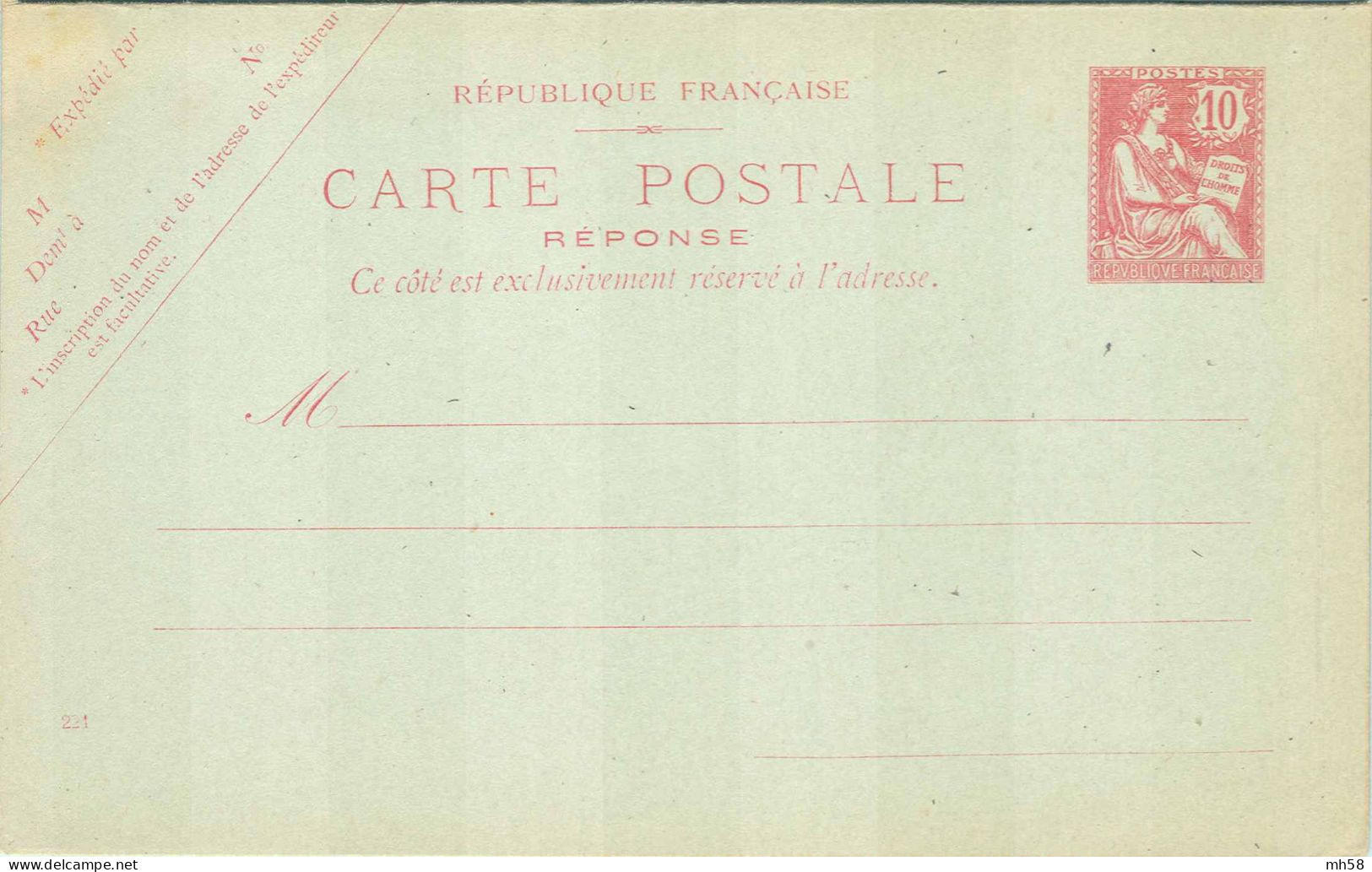 Entier FRANCE - Carte Réponse Payée Date 221 Neuf - 10c Mouchon Retouché Rose - Cartes Postales Types Et TSC (avant 1995)