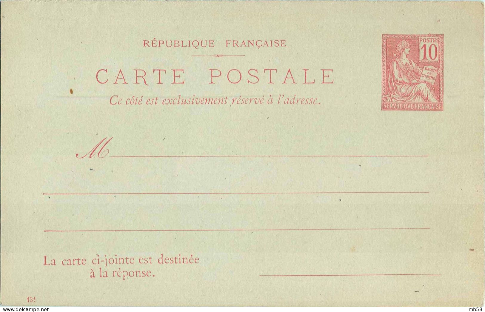 Entier FRANCE - Carte Réponse Payée Date 131 Neuf - 10c Mouchon Primitif Rose - Cartes Postales Types Et TSC (avant 1995)