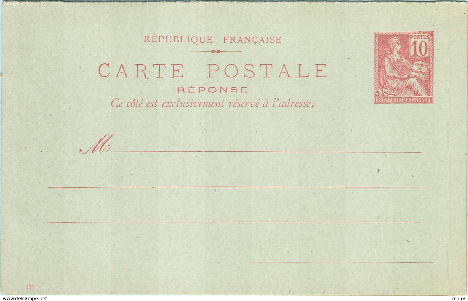 Entier FRANCE - Carte Réponse Payée Date 131 Neuf - 10c Mouchon Primitif Rose - Standard- Und TSC-AK (vor 1995)