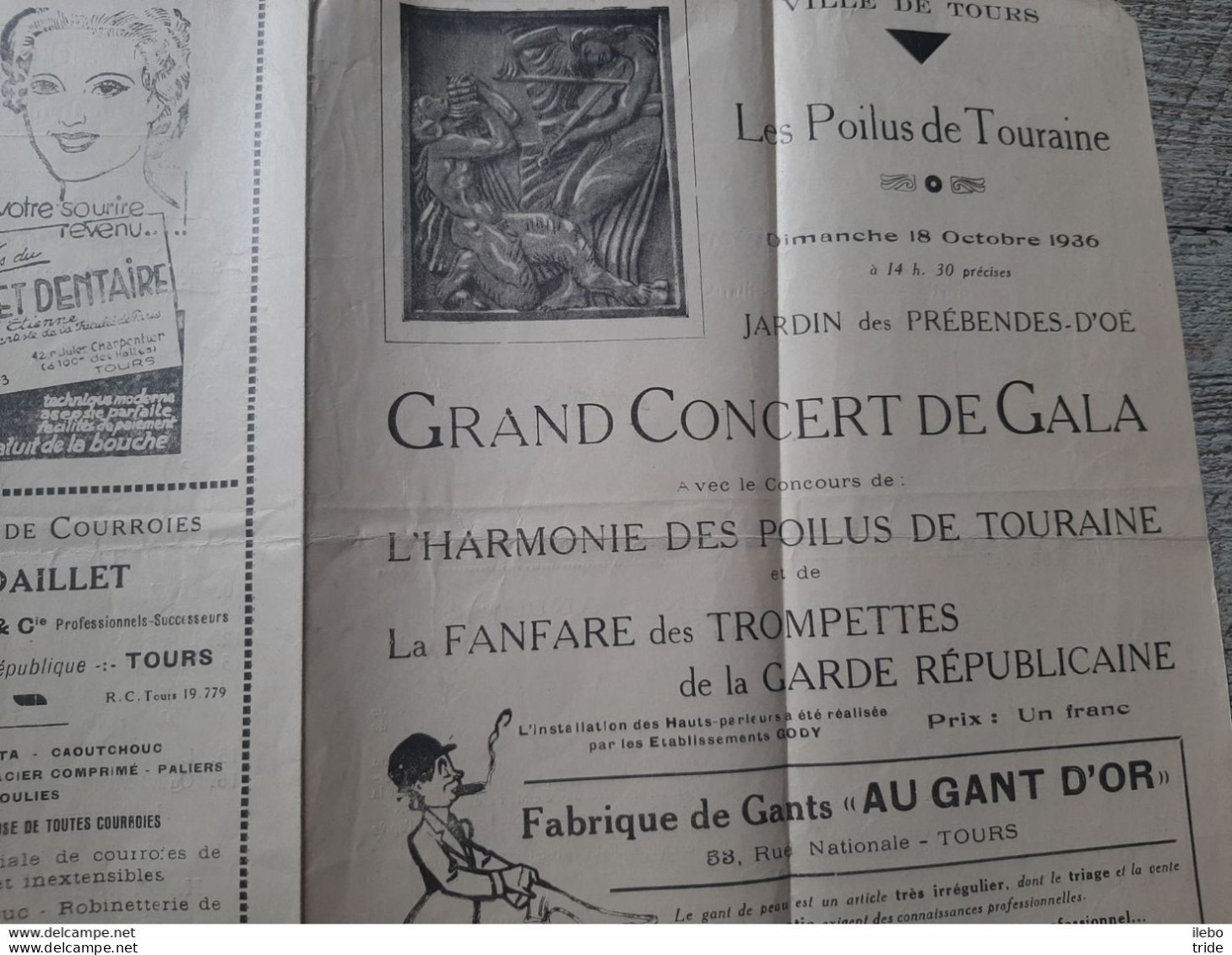 Programme Dépliant Les Poilus De Touraine Oct 1936 Concert De Gala Jardin Des Prébendes Militaire - Programmes