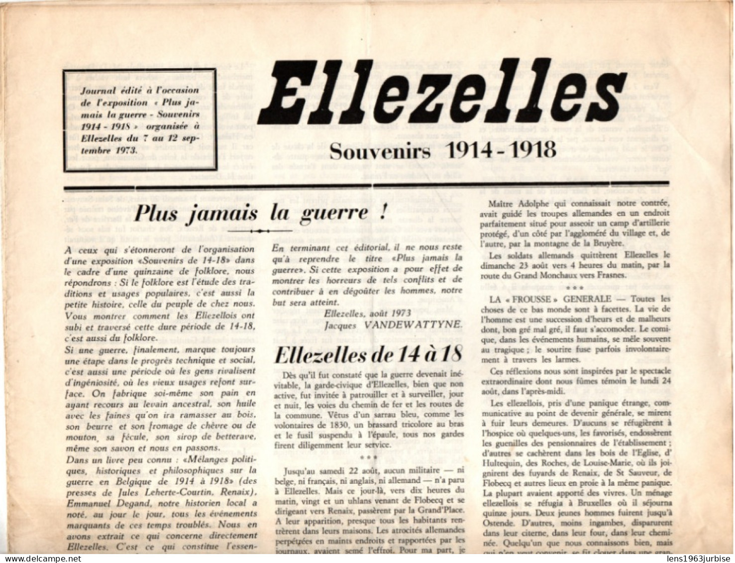 Ellezelles , Souvenir De 1914 - 1918, , (1973 ) Militaria , Guerre - Belgien