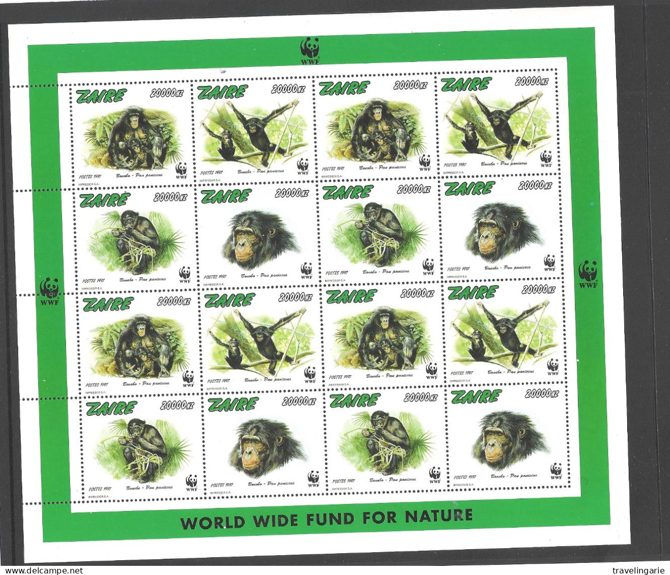 Zaire 1997 WWF Apes Bonobos Full Sheet ** MNH - Apen