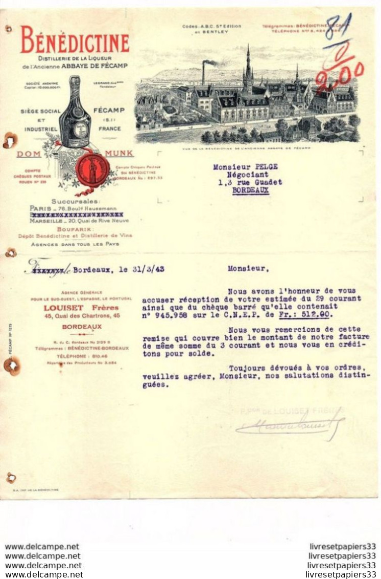 Bénédictine Distillerie De La Liqueur De L'Ancienne Abbaye De Fécamp. Agence LOUISET FRERES à Bordeaux  Mars 1943 - 1900 – 1949