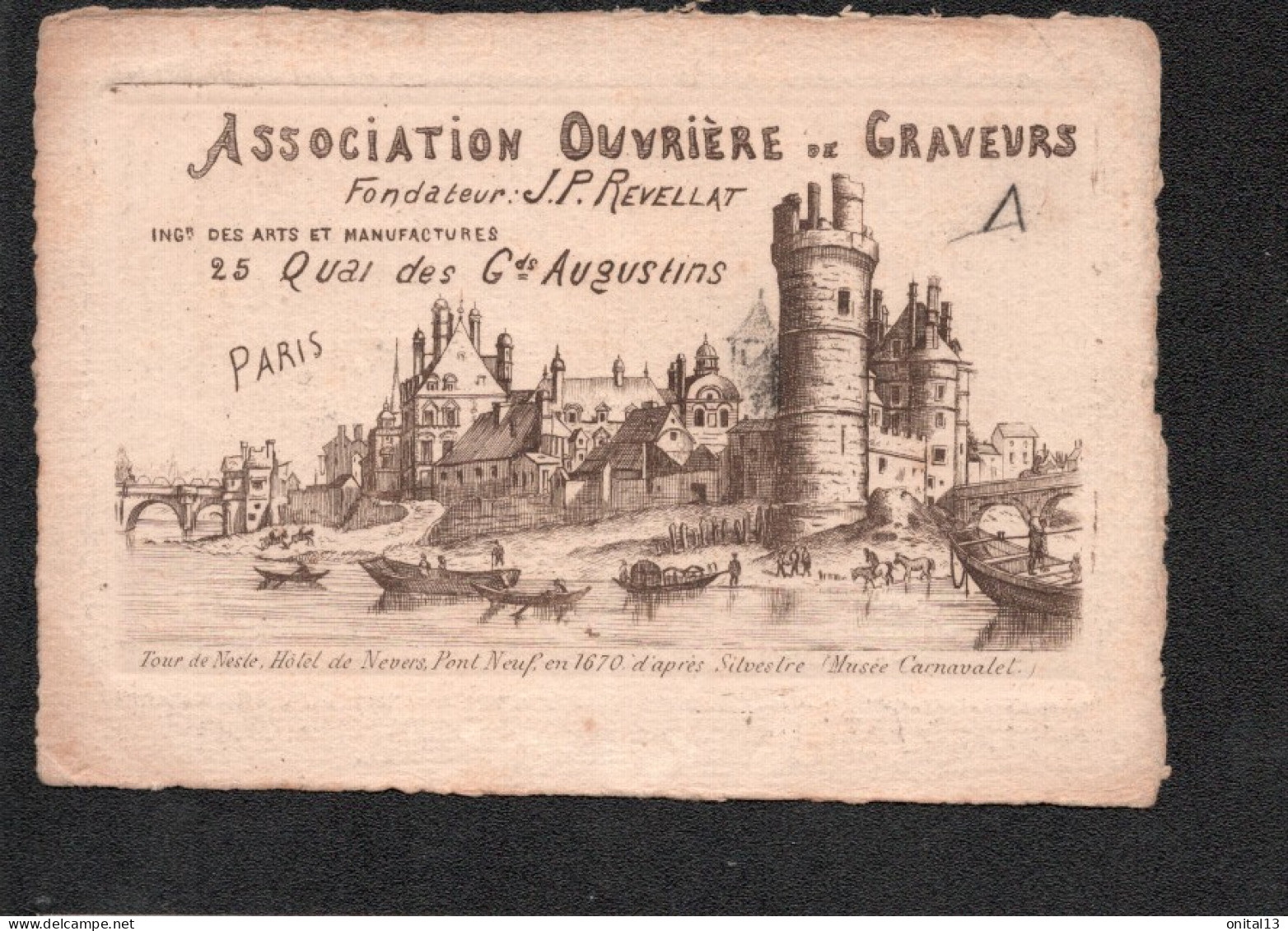 CARTE DE VISITE / PUB ASSOCIATION OUVRIERE DE GRAVEURS JP REVELLAT / TOUR DE NESLE HOTEL DE NEVERS PARIS  F155 - 1900 – 1949